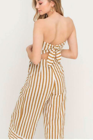 Molly Tan Striped Strapless Midi Jumpsuit showing tie back