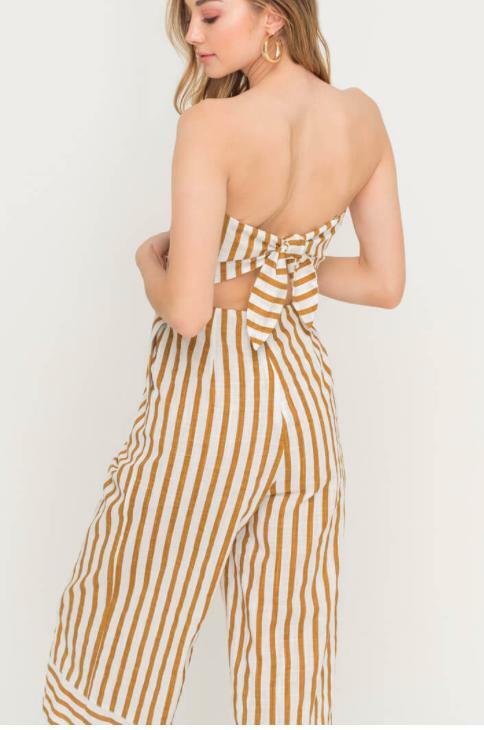 Tan Striped Strapless Jumpsuit