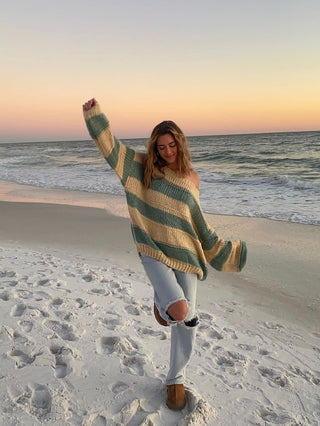 Poppy Beige and Sage Striped Oversized Sweater - Outfit View