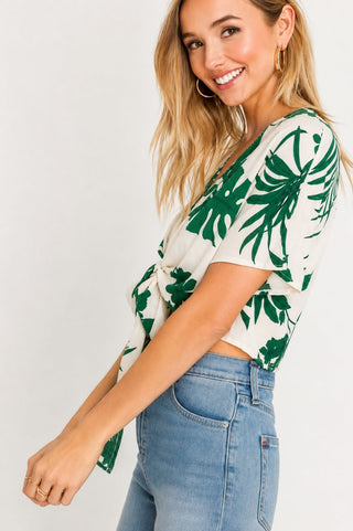 Emma Cream Palm Print Tie-Front Crop Top - Side View