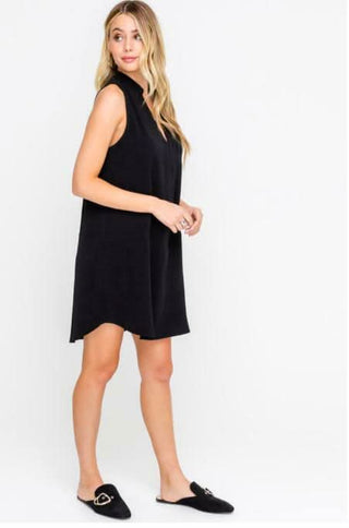 Emma Black Sleeveless Shift Dress side view showing tunic bodice