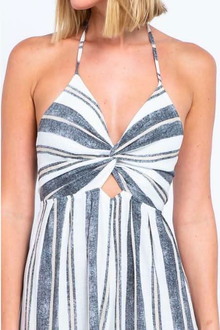Mia White and Black Striped Print Cutout Culotte Jumpsuit from our cutout jumpsuits