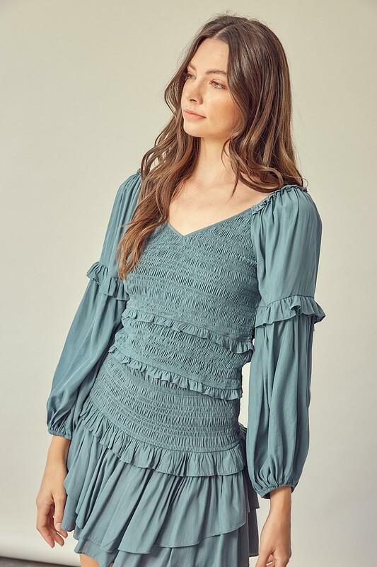 Green Long Puff Sleeve Dress Set