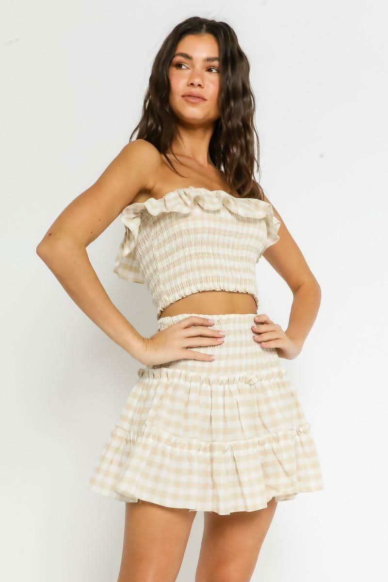 Khaki Gingham Two-Piece Dress - 2 Piece Set | Boho Pink Khaki Gingham Two-Piece Dress - 2 Piece Set | Boho Pink