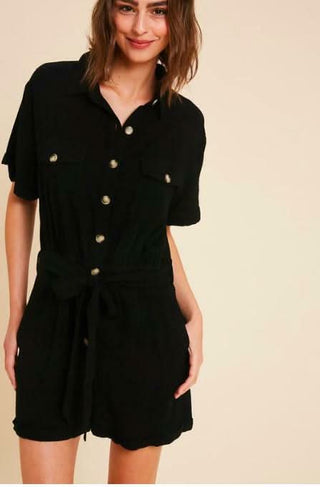 Liz Black Short Sleeve Button-Front Utility Romper - Detailed Front View
