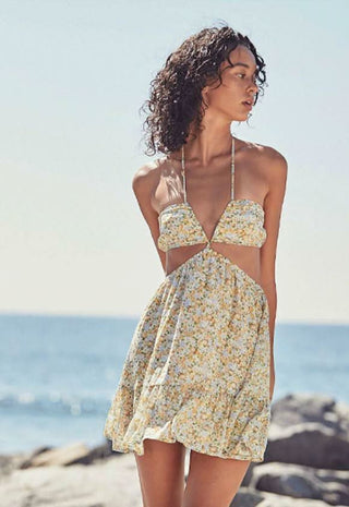 Jasmine Yellow Floral Halter Cutout Mini Dress  styled for vacation