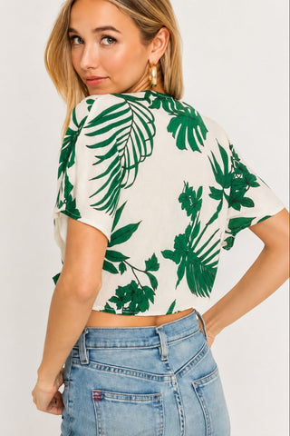 Emma Cream Palm Print Tie-Front Crop Top - Back View