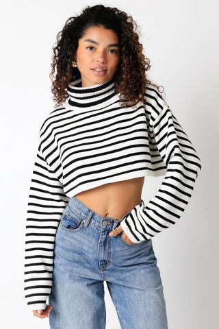 Marla White & Black Striped Cropped Turtleneck Sweater - Front View