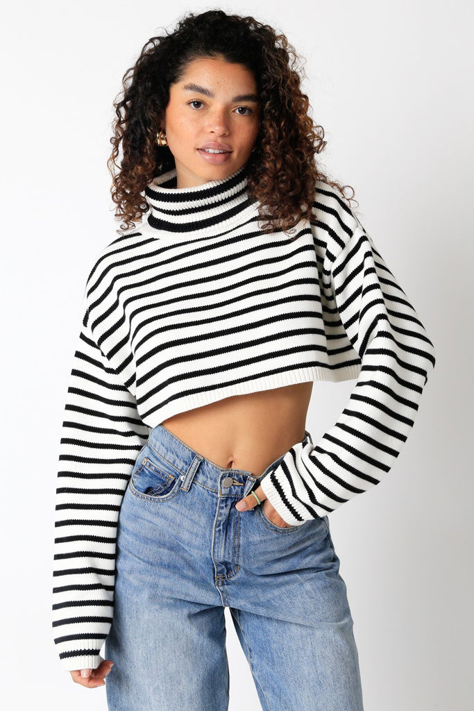 Black and White Cropped Turtleneck Sweater