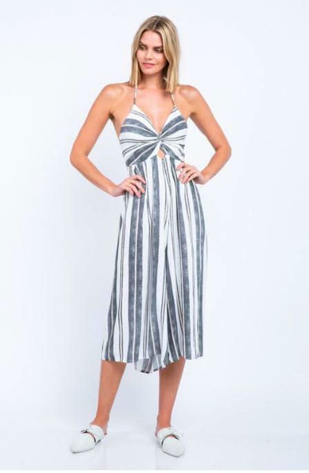 Mia White and Black Striped Print Cutout Culotte Jumpsuit - Front View