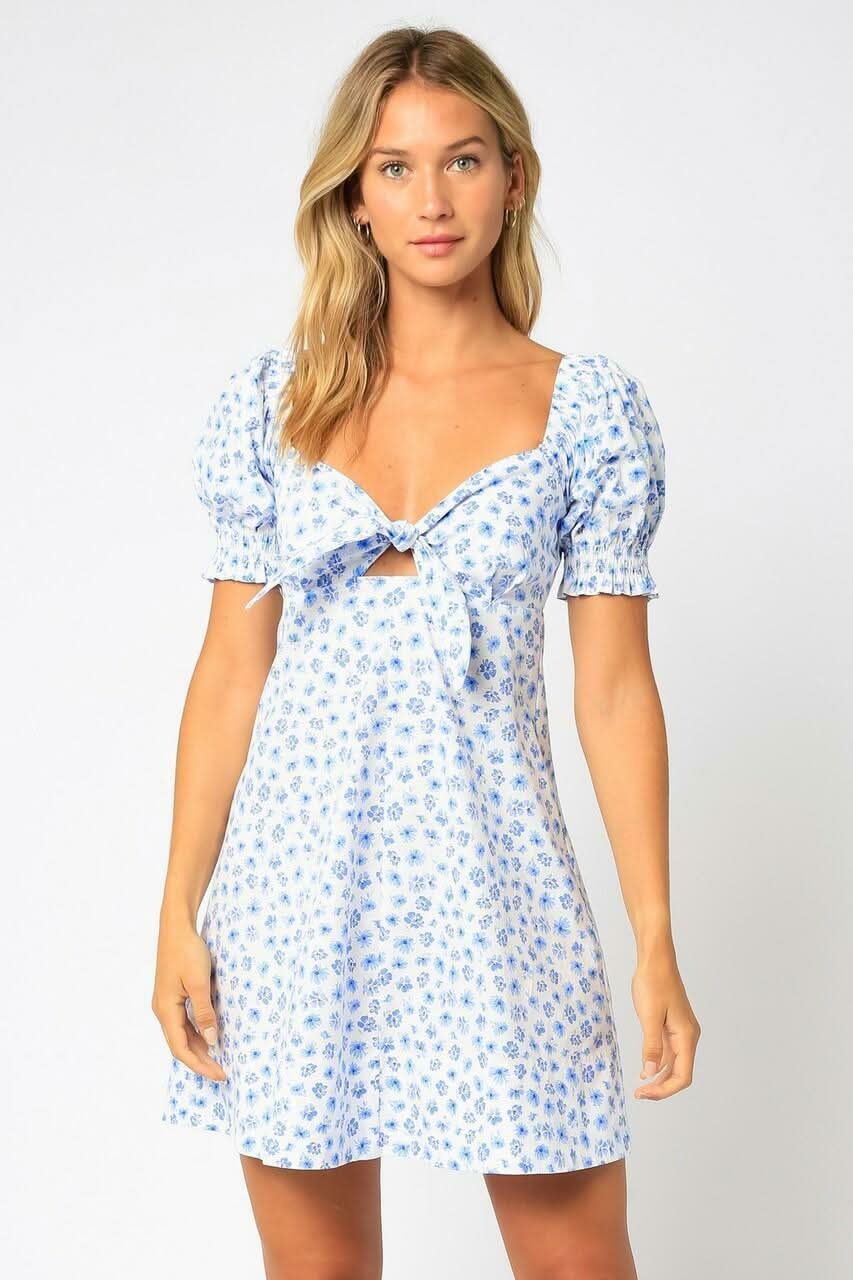 White & Blue Floral Puff Sleeve Mini Dress White & Blue Floral Puff Sleeve Mini Dress