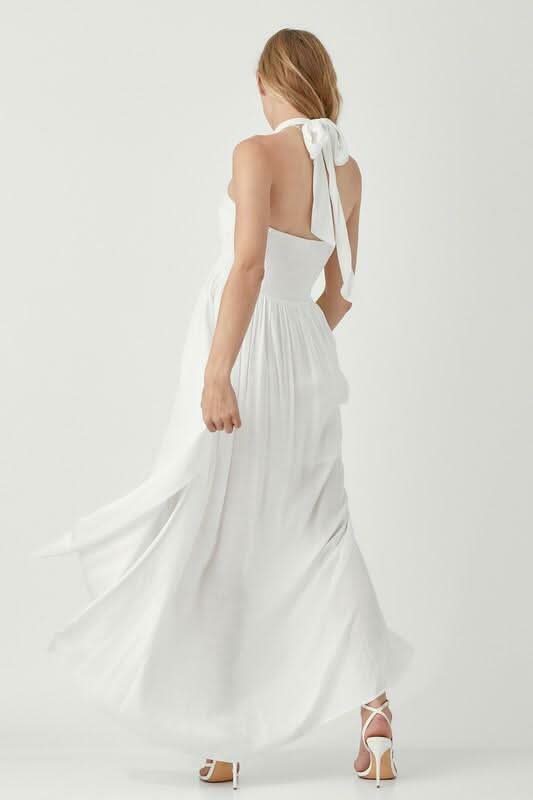 Mustard Seed Olivia White Halter Maxi Dress - Size L - Empire Waist, Side Slit, Lightweight Woven Fabric - Perfect for Vacations Mustard Seed Olivia White Halter Maxi Dress - Size L - Empire Waist, Side Slit, Lightweight Woven Fabric - Perfect for Vacations
