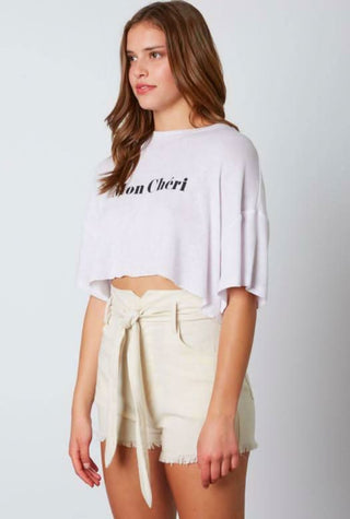 White cropped graphic tee with shorts
