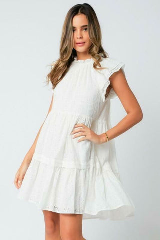 Babydoll Dresses - Dionne White Eyelet Flutter Sleeve Dress - Front View