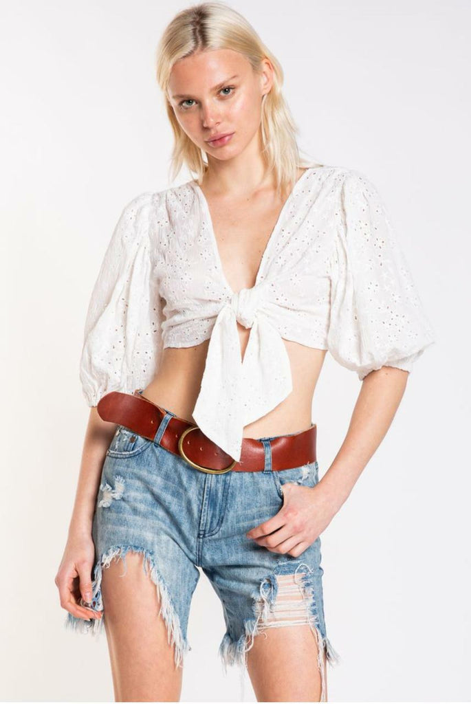 White Eyelet Tie-Front Crop Top