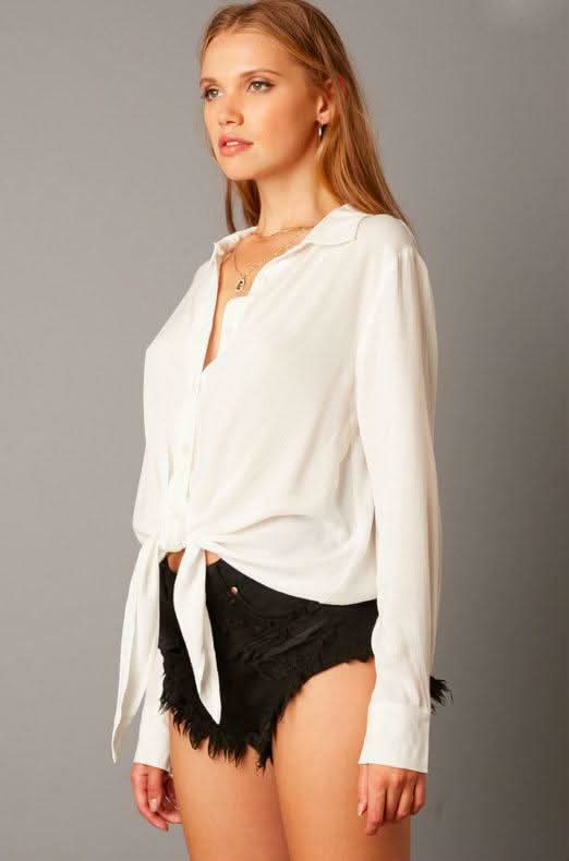White Front-Tie Long Sleeve Shirt