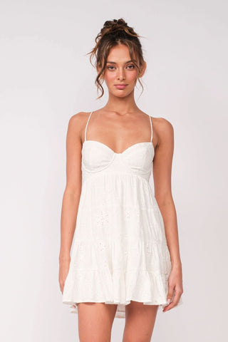 White eyelet babydoll mini dress with sweetheart neckline