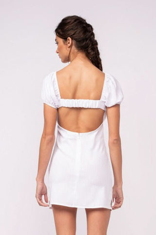 Delilah White Puff Sleeve Bustier Mini Dress back view | Boho Pink