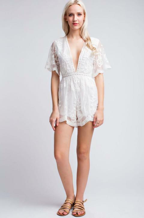 White Lace Plunge Romper