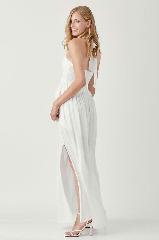 Mustard Seed Olivia White Halter Maxi Dress - Size L - Empire Waist, Side Slit, Lightweight Woven Fabric - Perfect for Vacations Mustard Seed Olivia White Halter Maxi Dress - Size L - Empire Waist, Side Slit, Lightweight Woven Fabric - Perfect for Vacations