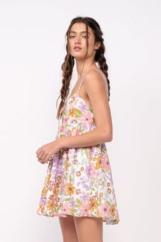 Andriana Lavender Floral Babydoll Cami Mini Dress side view | Boho Pink