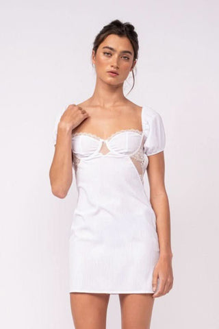 Delilah White Puff Sleeve Bustier Mini Dress detailed view | Boho Pink