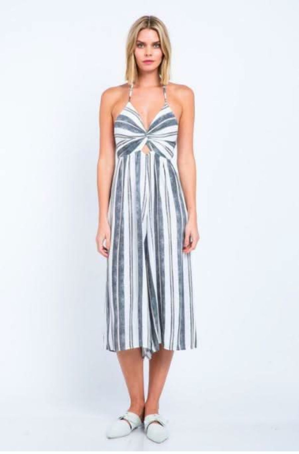 black and white striped culotte jumpsuit front view