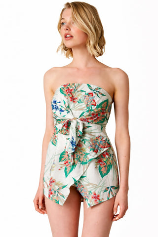 white tropical print strapless romper