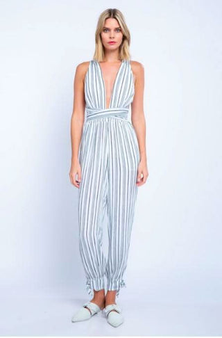 White Striped Plunge Wrap Jumpsuit -