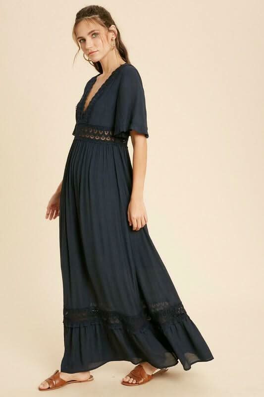 Wishlist Navy Blue Short Sleeve Boho Maxi Dress - Lace Trim Wishlist Navy Blue Short Sleeve Boho Maxi Dress - Lace Trim