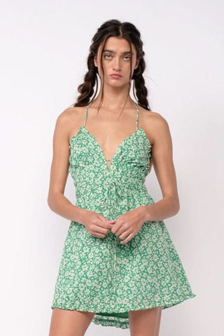 Green floral open back halter mini dress with plunging neckline