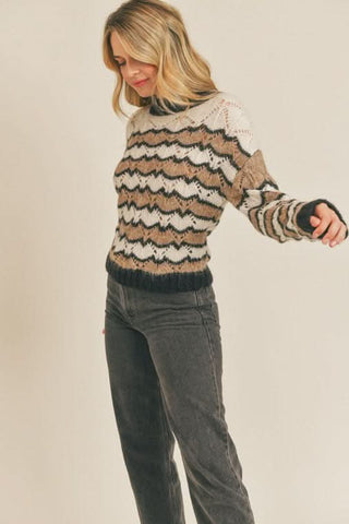 LUSH Allie Cream and Black Striped Pointelle Sweater side view
