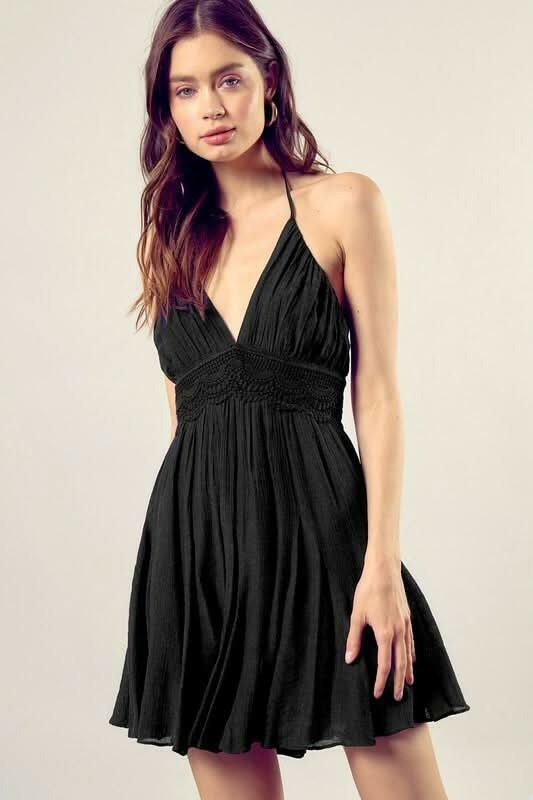 Arianna Black Lace Halter Mini Dress - Size L - Mustard Seed - Lightweight A-Line with Open Back & Tassel Ties Arianna Black Lace Halter Mini Dress - Size L - Mustard Seed - Lightweight A-Line with Open Back & Tassel Ties