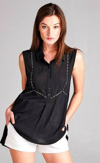 Heather Black Button Front Sleeveless Collared Shirt - Front View