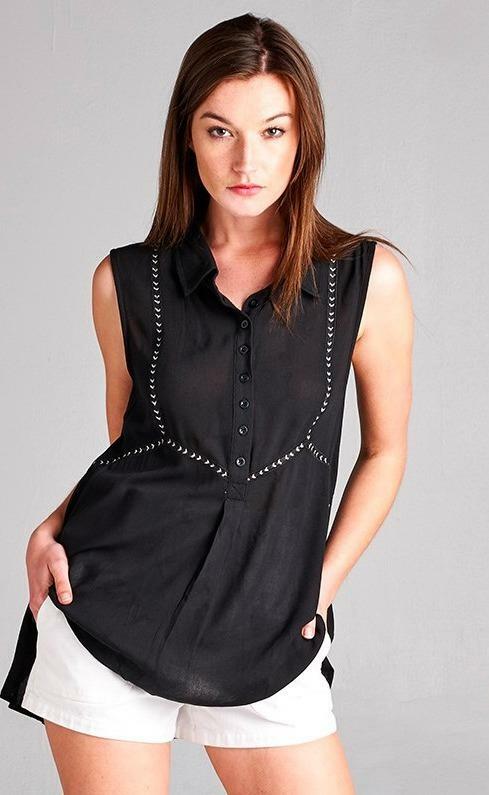 Womens Black Sleeveless Collared Shirt