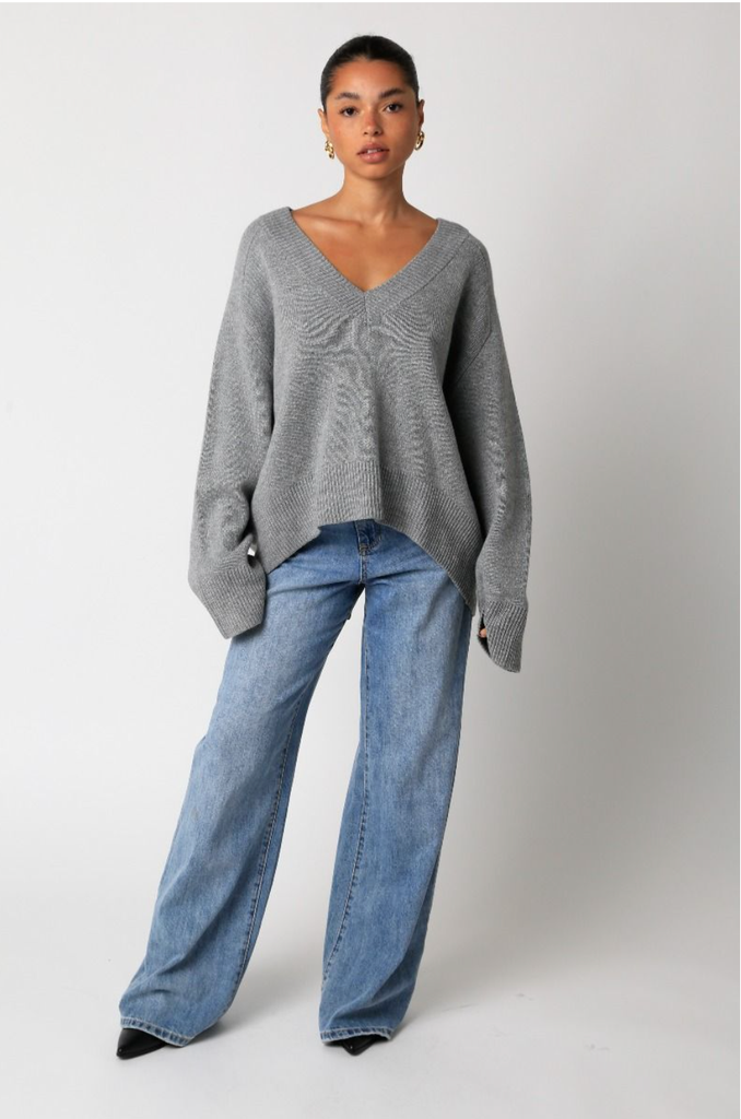 Women's Grey V-Neck Sweater