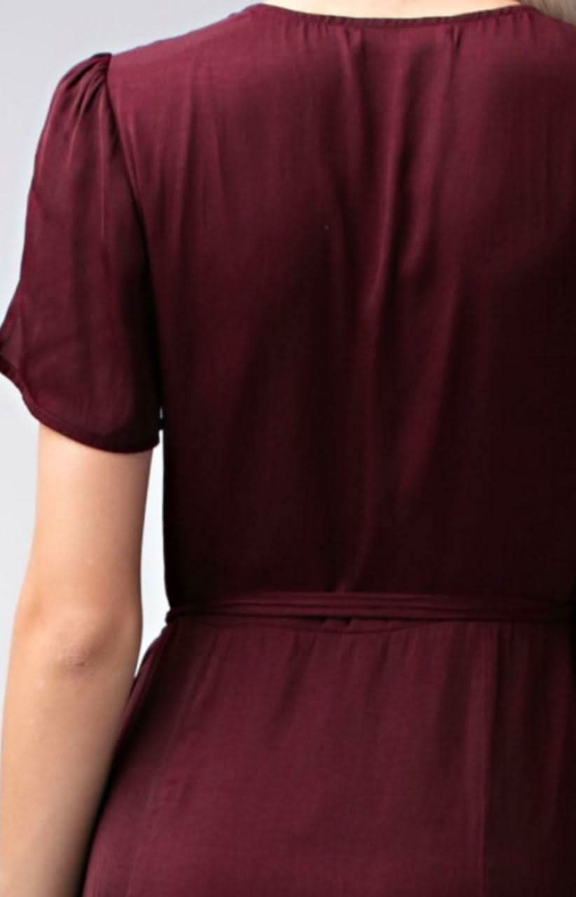 Burgundy Midi Wrap Dress with Flutter Sleeves | [Boho Pink Burgundy Midi Wrap Dress with Flutter Sleeves | [Boho Pink