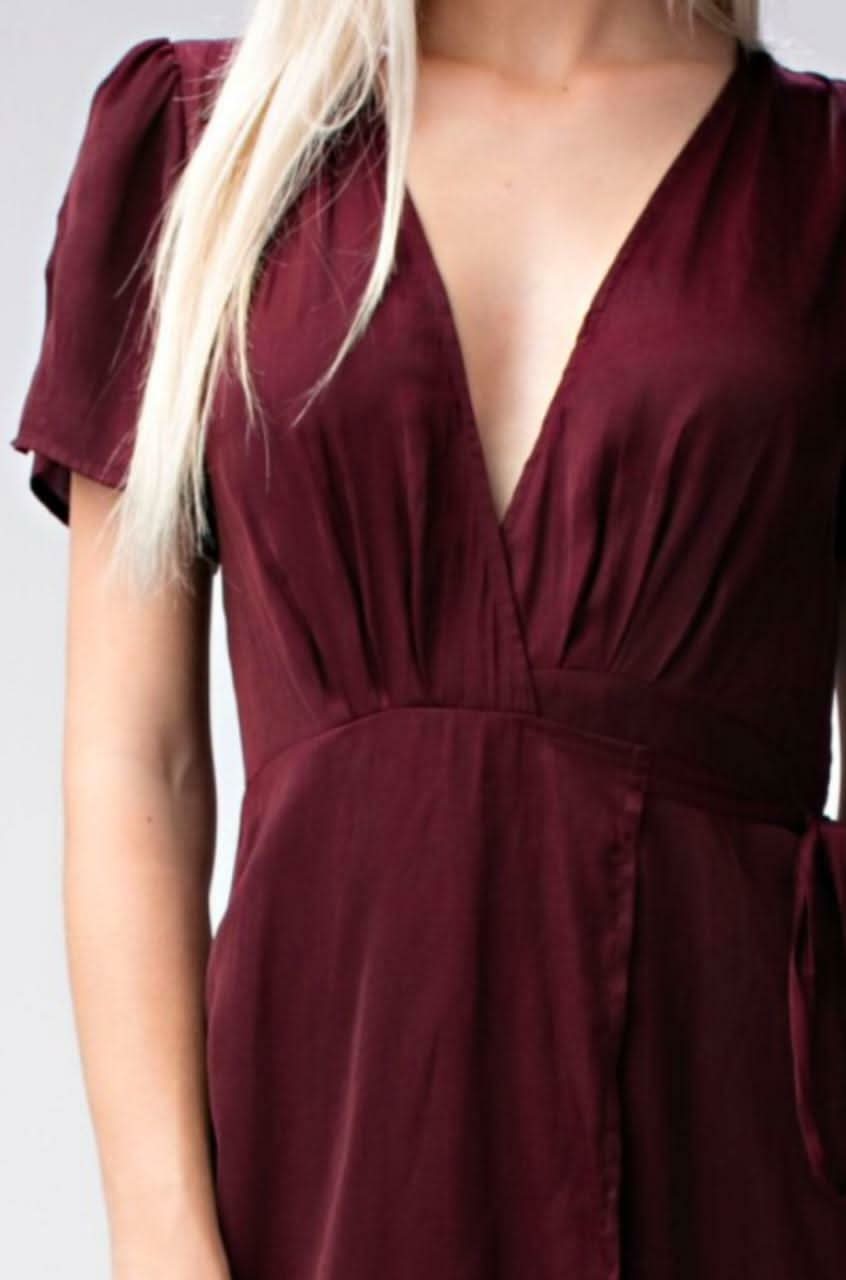 Burgundy Midi Wrap Dress with Flutter Sleeves | [Boho Pink Burgundy Midi Wrap Dress with Flutter Sleeves | [Boho Pink