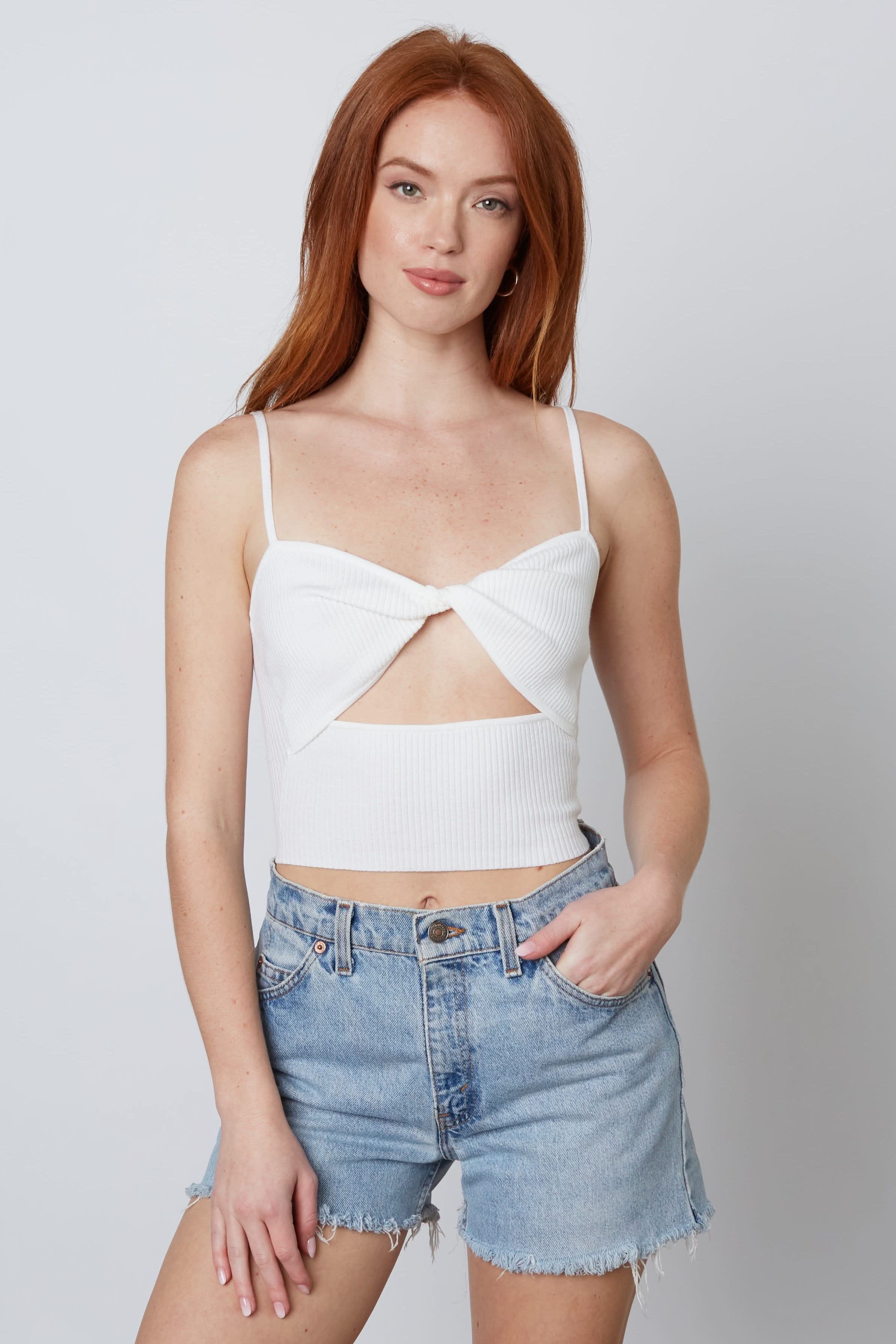 Rubbie White Twist-Front Cropped Sweater Tank - Main Image
