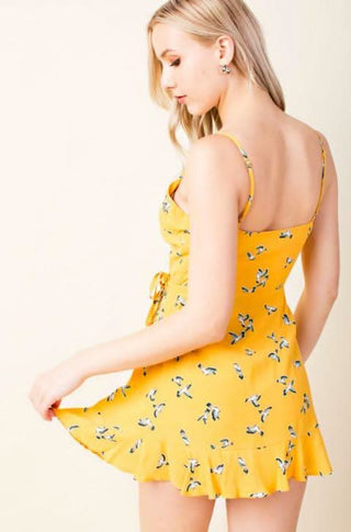 yellow bird print wrap skort dress back view