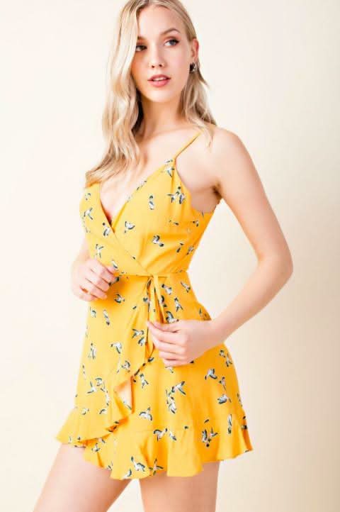 yellow bird print wrap skort dress side view