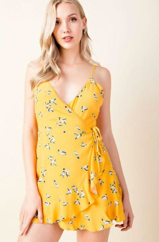 yellow bird print wrap skort dress