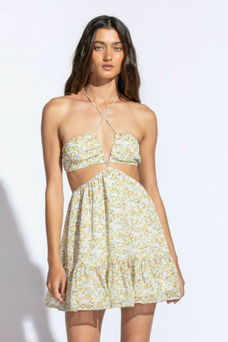 Jasmine Yellow Floral Halter Cutout Mini Dress - Front