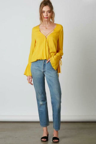  Yellow Surplice Wrap Flounce Sleeve Top