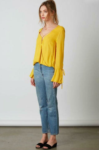 Yellow Surplice Wrap Long Sleeve Top