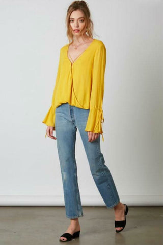  Yellow Long Sleeve Surplice Wrap Top
