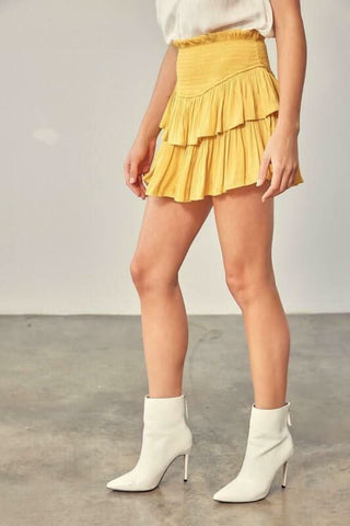 honey yellow tiered ruffle skirt with shorts